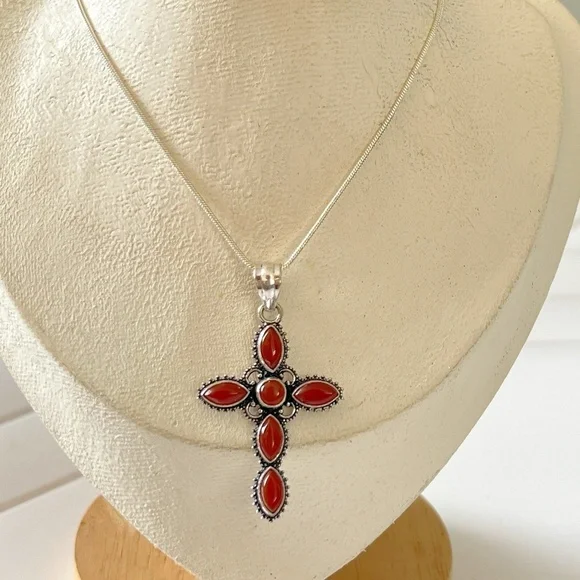 925 Sterling Silver Carnelian cross Necklace Gemstone Womens Jewelry handmade - Picture 1 of 10